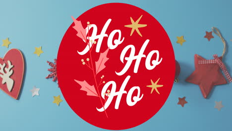 animation of ho ho ho text in circle over reindeer in heart, stars against blue background