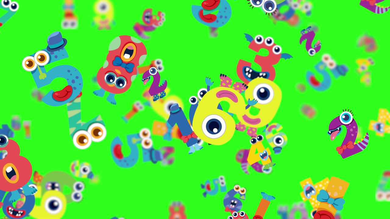 Vibrant animation with playful monster-themed letters and numbers on a bright green background, creating a lively and whimsical atmosphere