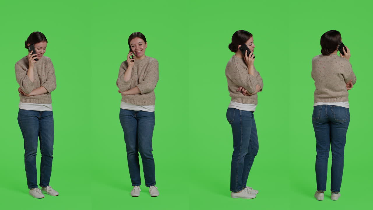 Mulher falando ao telefone em tela verde