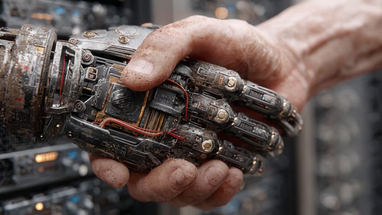 A Gripping Encounter Between Human and Machine: The Power of Connection in a Futuristic Setting with Complex Robotic Technology