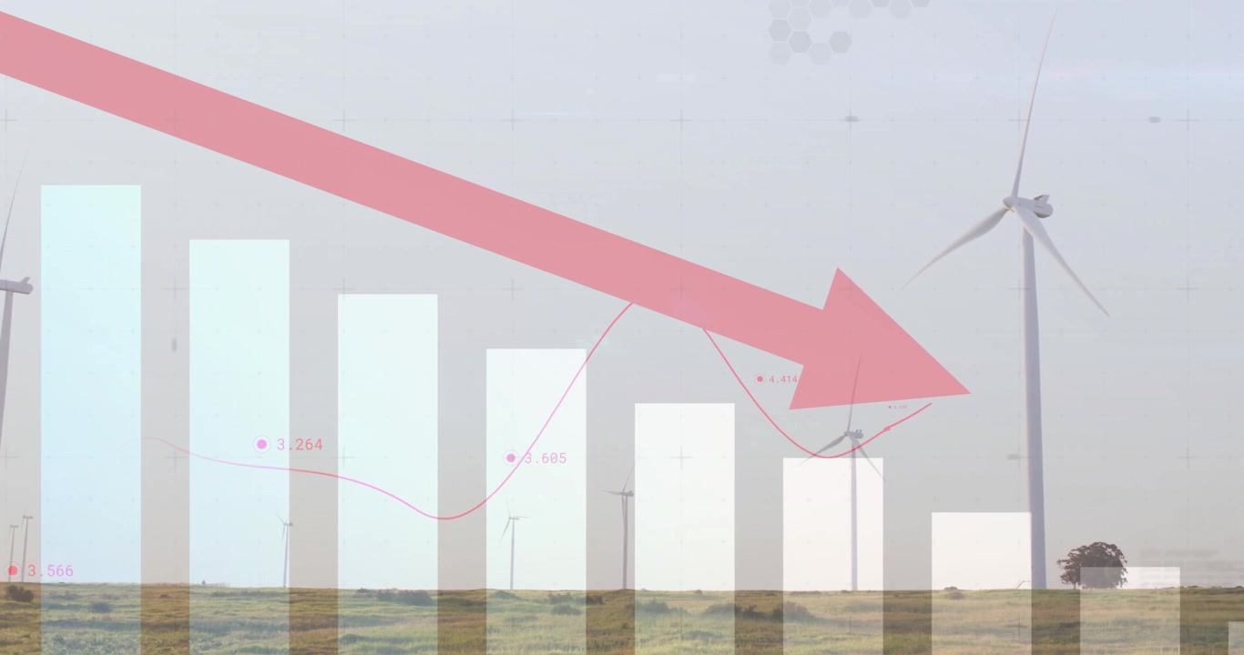 Wind farm landscape initiating red line tracing bar peaks and dips under pink arrow showing decline