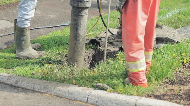 Tre operai stanno accanto a un foro per palo idroscavato su un ciglio erboso mentre le squadre preparano il sito per la fondazione del palo dell'illuminazione stradale e i lavori di canalizzazione; tubo di aspirazione, utenza esposta e dispositivi di sicurezza.