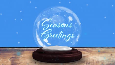 Animation-of-christmas-greetings-in-snow-globe-on-wooden-boards,-shooting-star-and-snow-falling