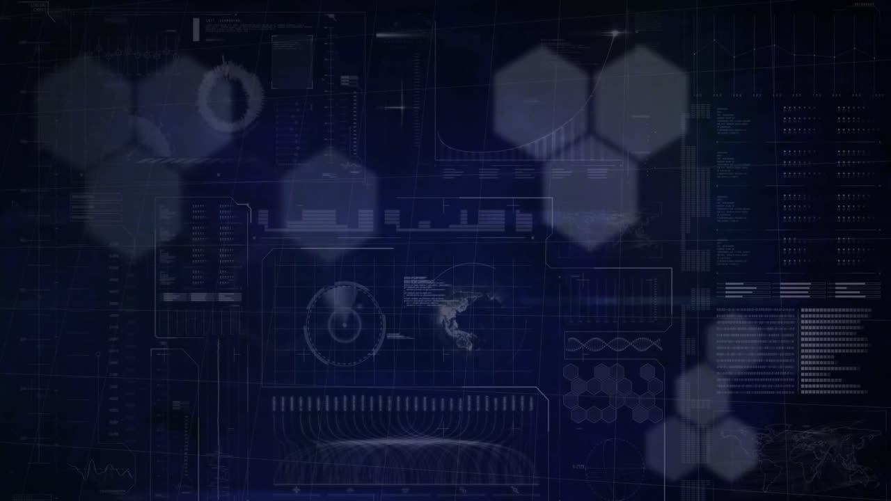 Animation of hexagons over data processing on black background