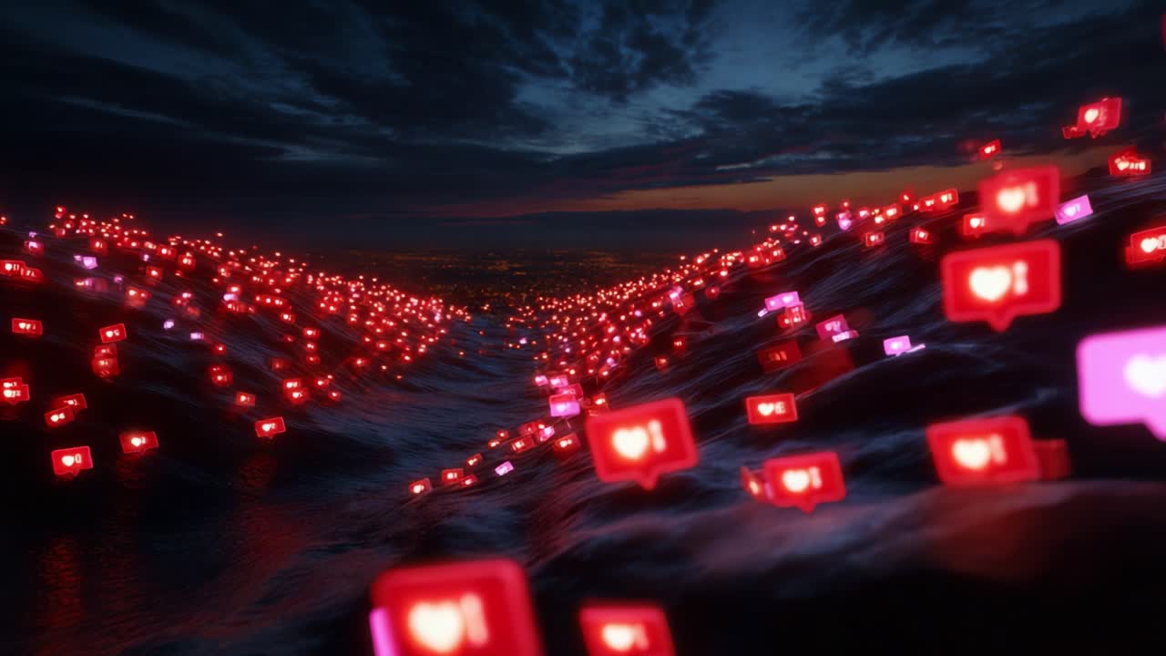 A dramatic and visually striking representation of a vast ocean filled with vibrant social media notifications, symbolizing the overwhelming influence of digital connectivity on modern life and communication