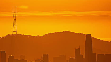 Timelapse,-Golden-Hour-Above-San-Francisco-Downtown-and-Nob-Hill,-California-USA