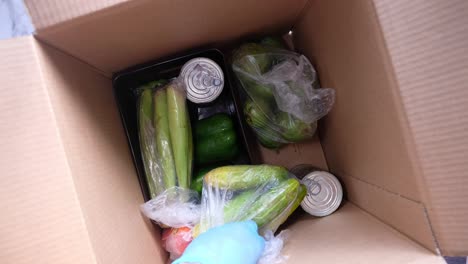 caja de entrega de comestibles con productos frescos y enlatados