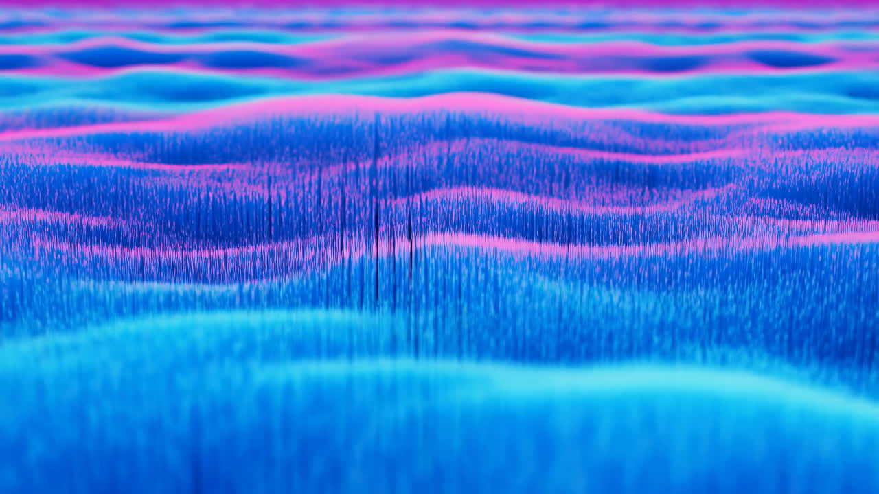 Neon Blue Pink Wave Landscape, Rolling Fiberlike Ridges With Soft Glowing Gradients, Slow Camera Pan