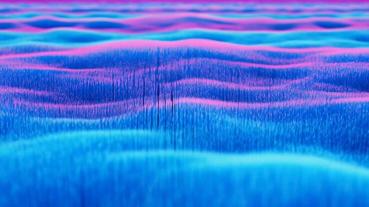 Neon Blue Pink Wave Landscape, Rolling Fiberlike Ridges With Soft Glowing Gradients, Slow Camera Pan