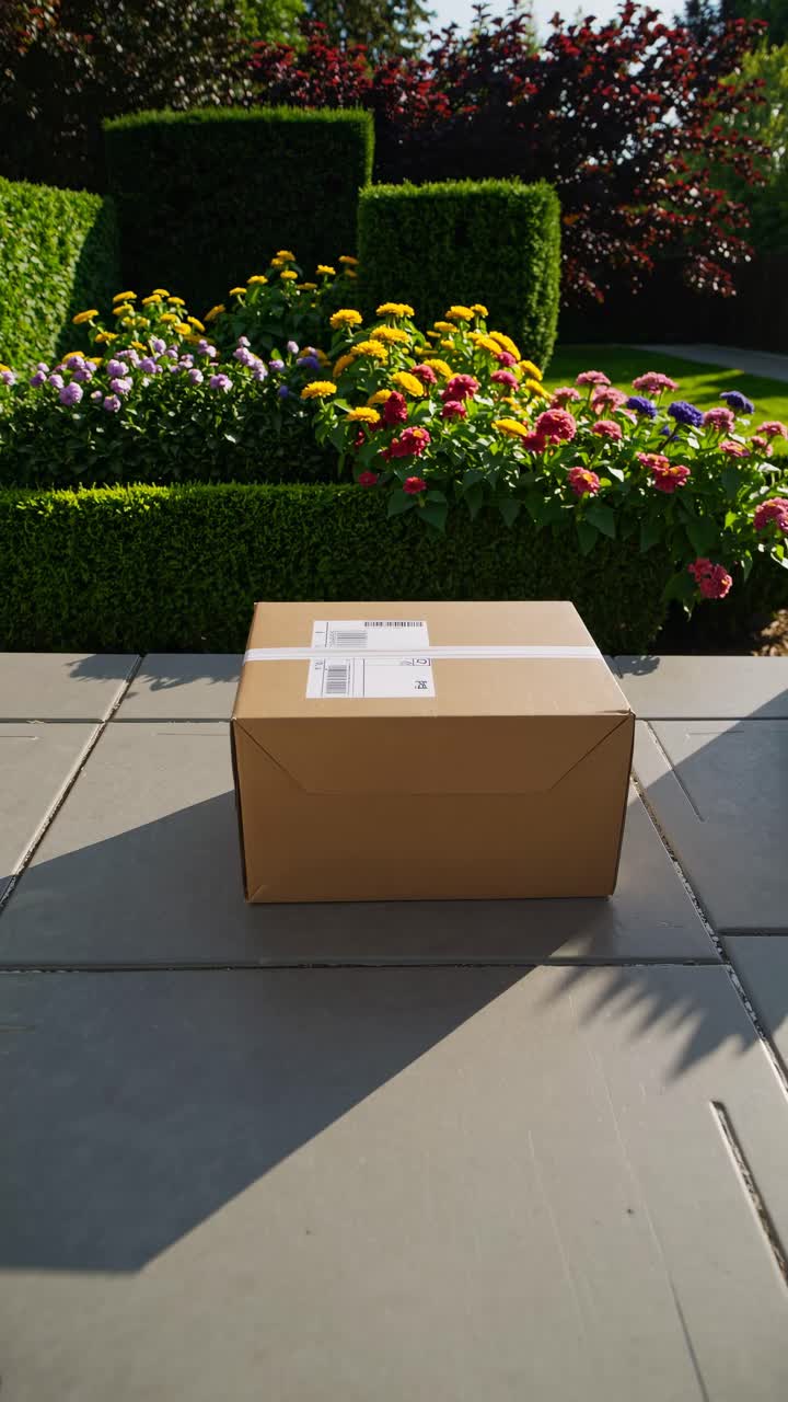 A cardboard box on a sunlit patio with vibrant flowers in the background