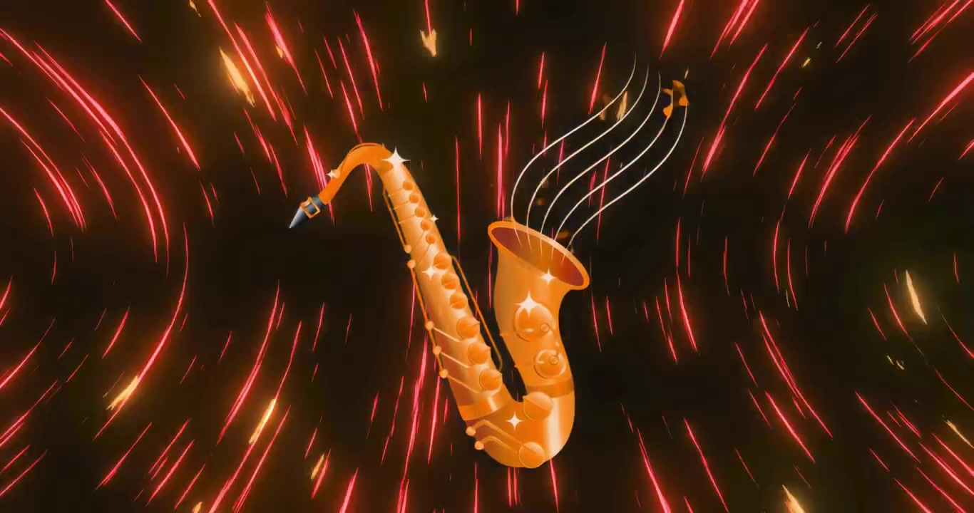 Sassofono dorato che appare al centro, emettendo strisce rosse e note luminose che proiettano musica in un vortice.
