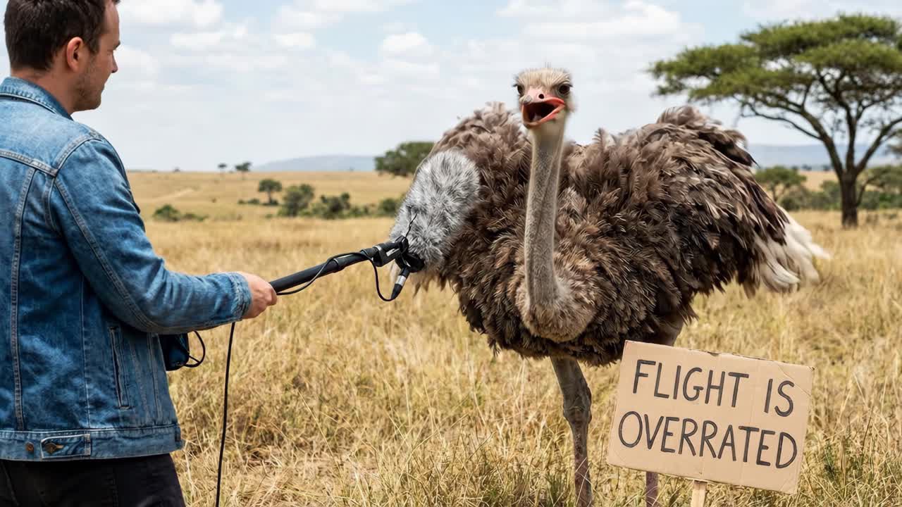Man Interviews Ostrich with 'Flight Is Overrated' Sign in Savanna