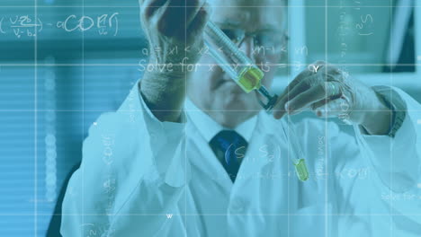 animación de una fórmula matemática sobre un científico caucásico que trabaja en un laboratorio