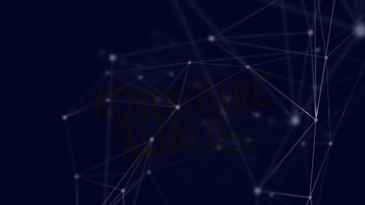 animación de puntos iluminados conectados con líneas sobre aventura espera texto en fondo azul.