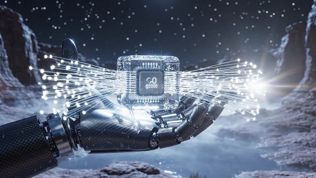 A robotic hand delicately holds a futuristic glowing cube in a cosmic landscape, surrounded by stars and dramatic cliffs, showcasing advanced technology and innovation.