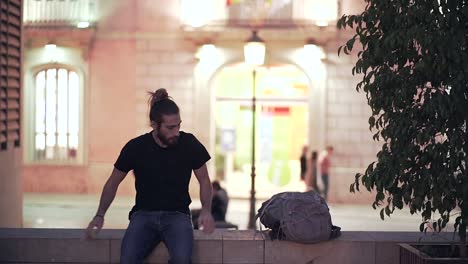 tourist resting in the city at night