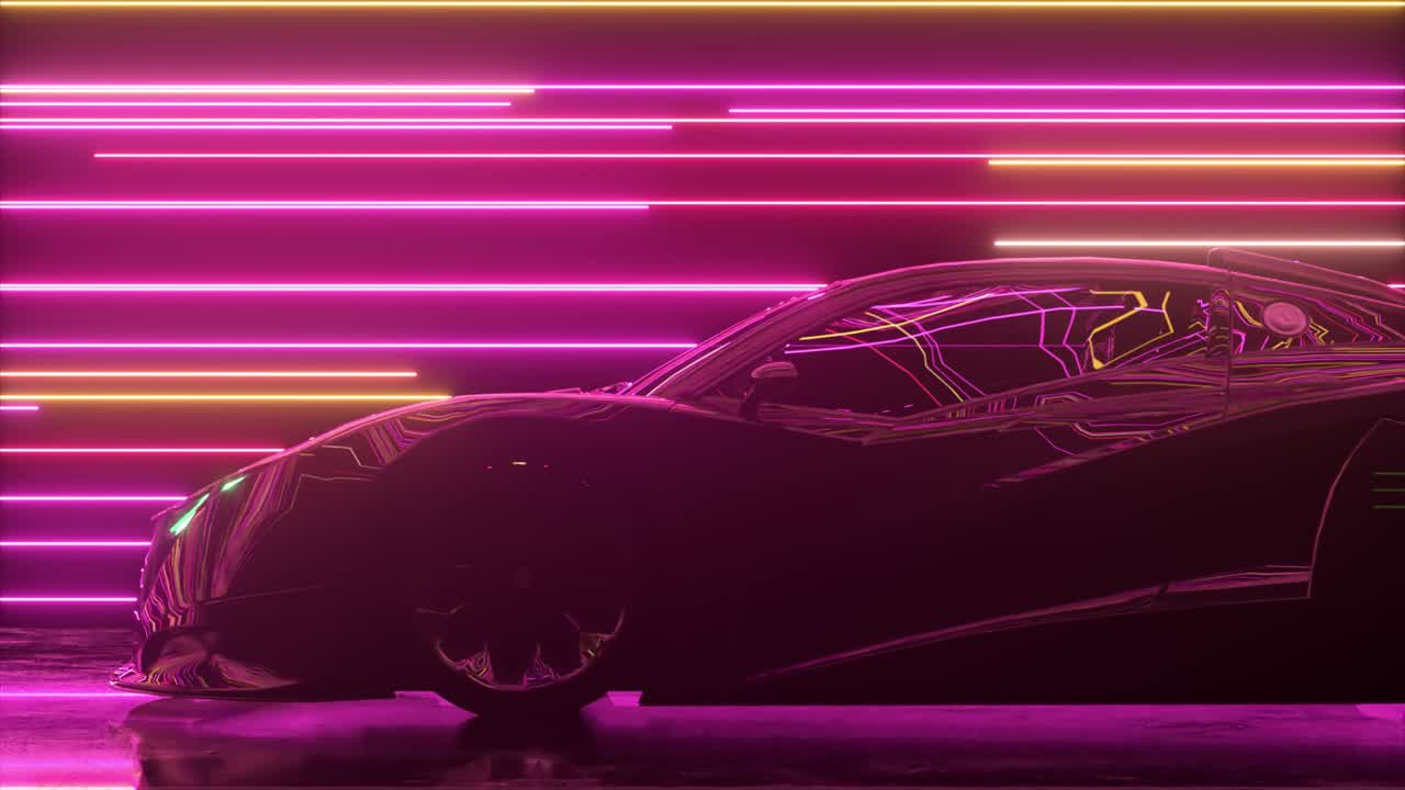 concepto futurista. coche deportivo en el fondo de líneas de neón brillantes. color púrpura rosa. animación 3d de bucle sin costuras