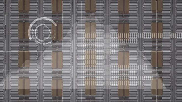 Animation of statistics processing over cardboard boxes on conveyor belts