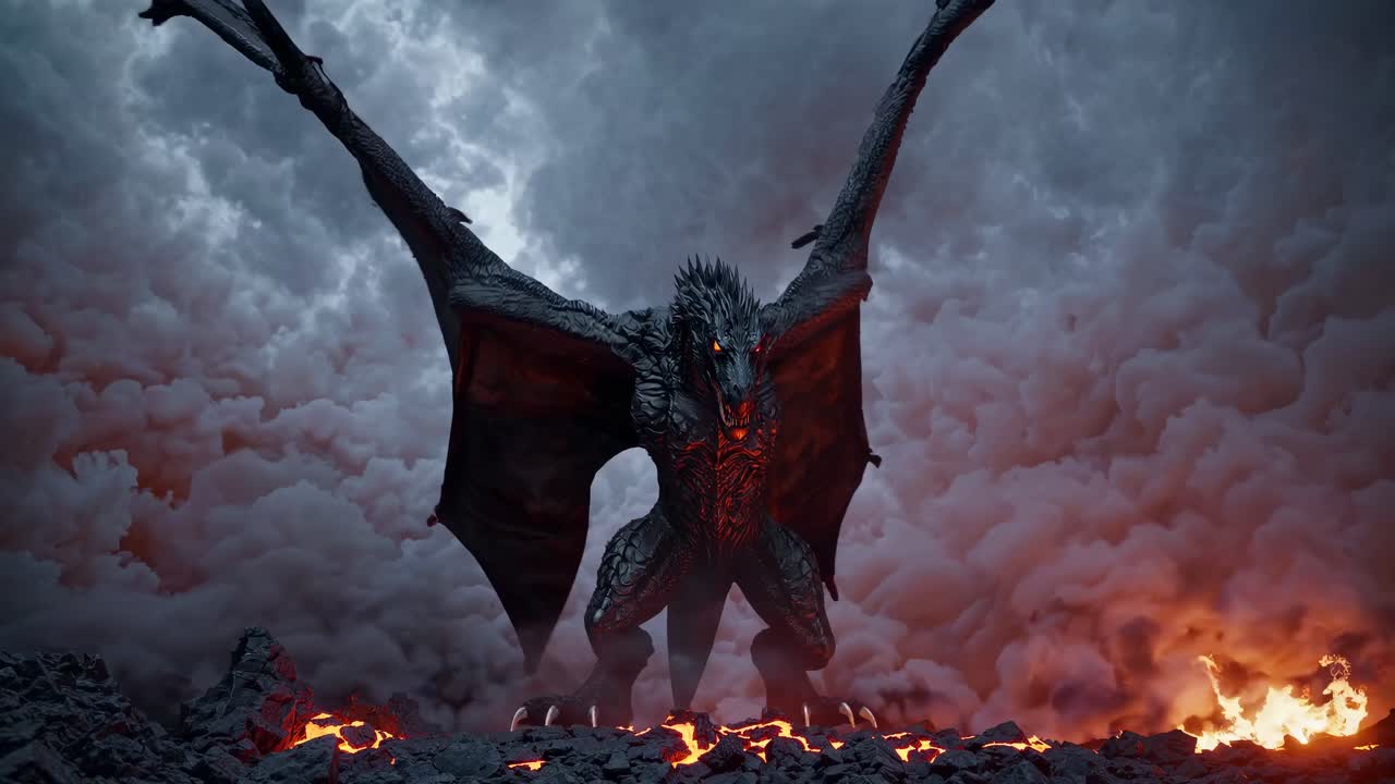 Epic dragon in flight, viewed from a low angle, amidst fiery landscape and stormy skies