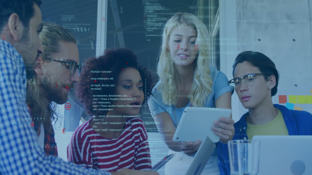 Animation of data processing over diverse colleagues discussing work in office