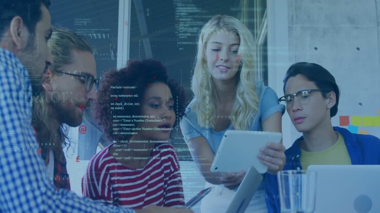 Animation of data processing over diverse colleagues discussing work in office
