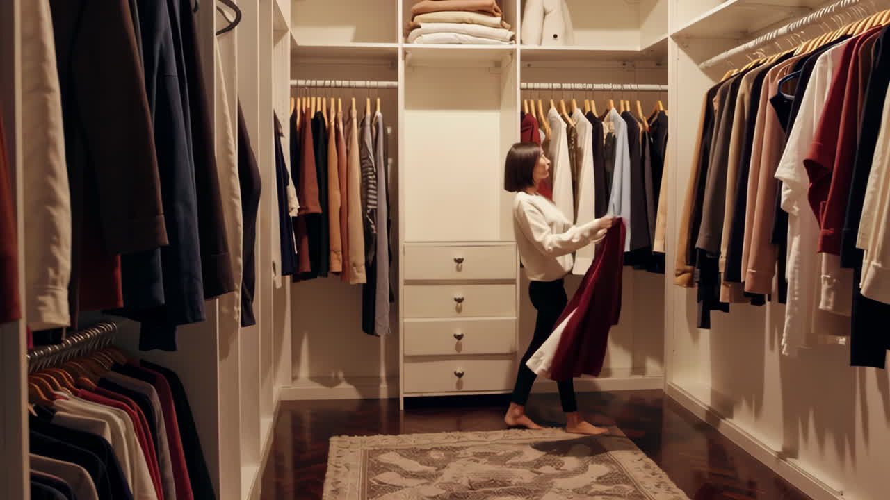 Woman choosing outfit in a spacious walk-in closet
