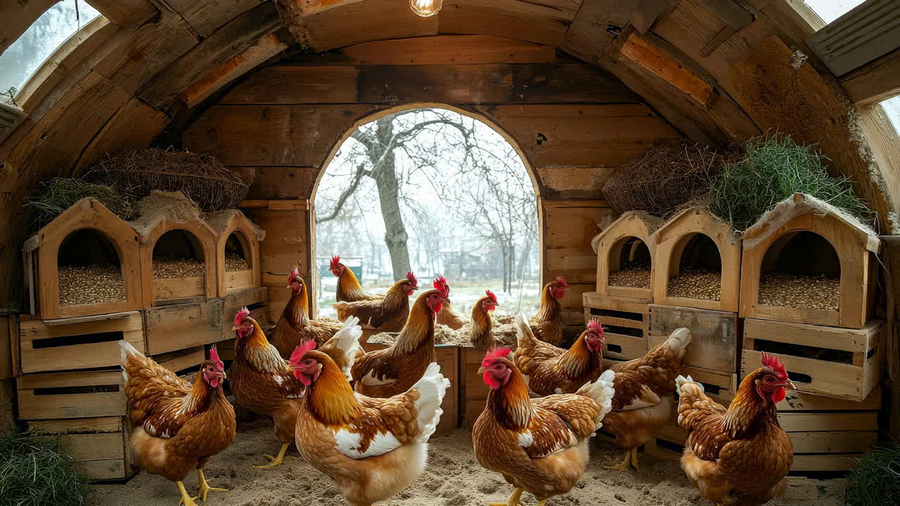 Chickens explore a cozy farm shelter. Brown hens wander around a wooden shelter with nesting boxes, enjoying their space on a quiet winter day
