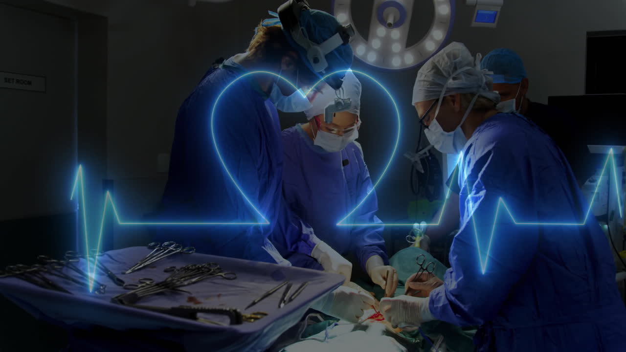 Animation of cardiograph over diverse surgeons during operation