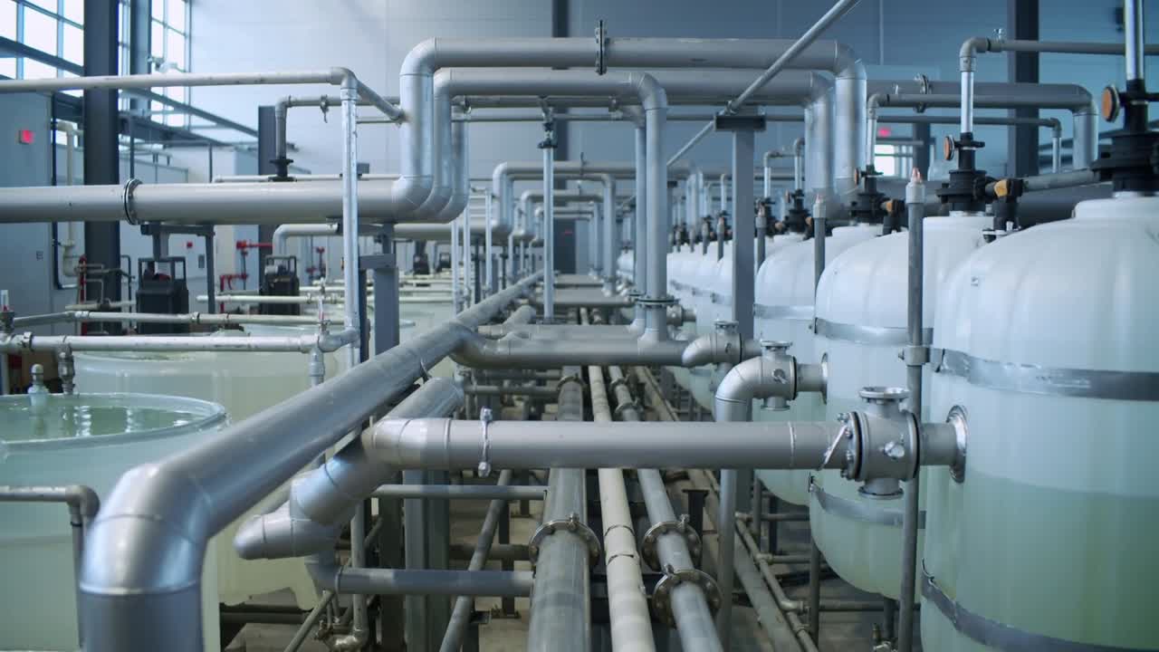 Camera starting slow tracking to pipe network in plant showing manual valves and pale green tanks