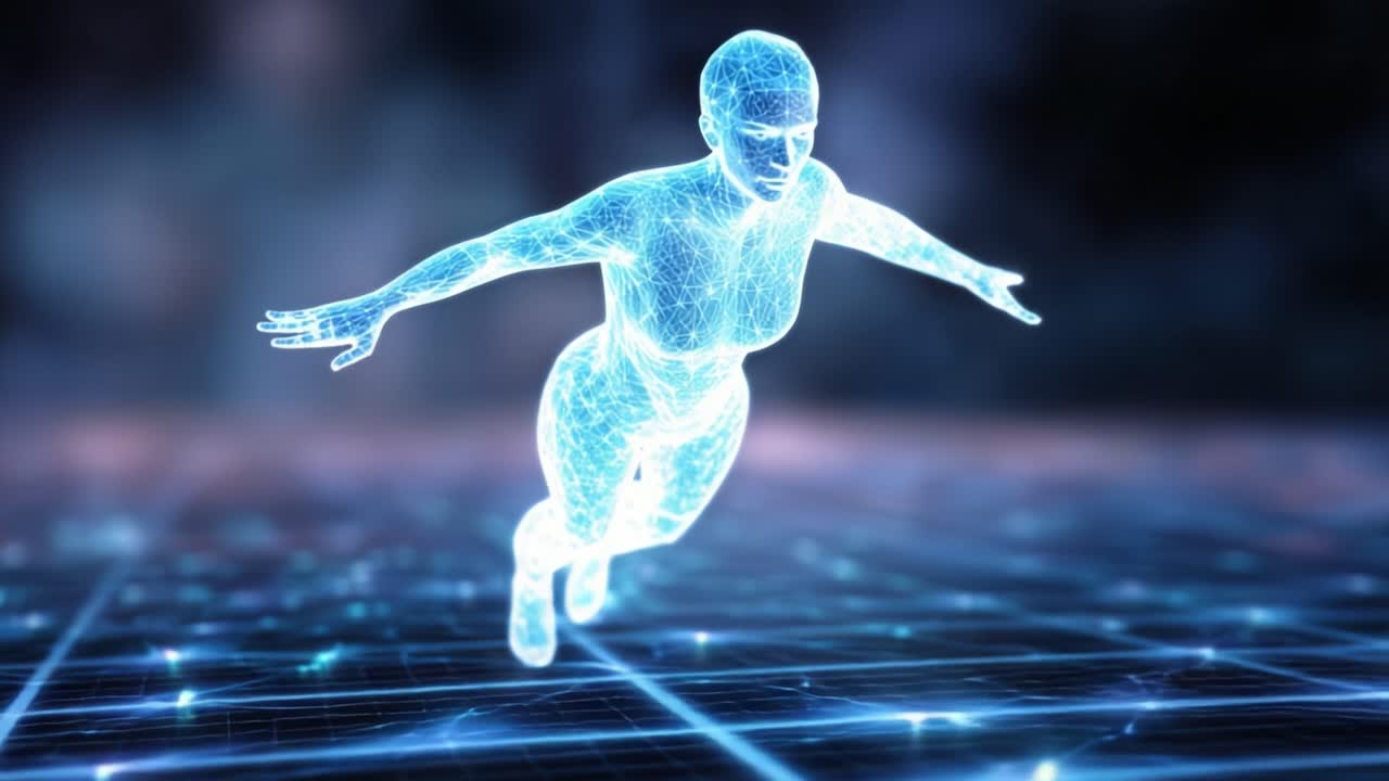 A futuristic digital representation of a human figure soaring through a virtual environment, showcasing the integration of technology and human movement in a mesmerizing way