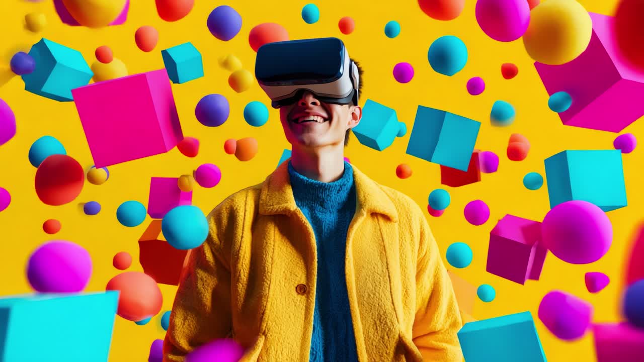 A joyful individual immersed in a vibrant virtual reality world, surrounded by colorful geometric shapes, celebrating the fusion of technology and creativity in a playful atmosphere