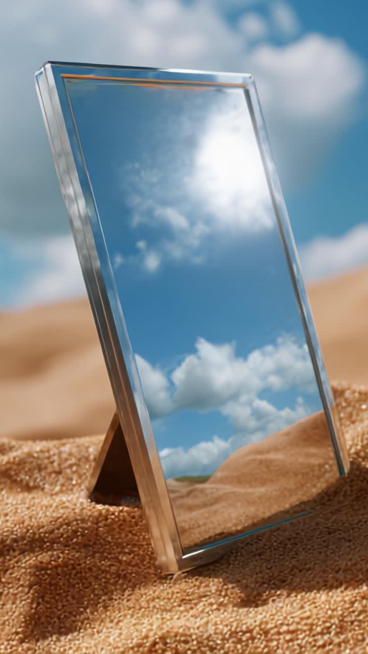 Riflesso di un cielo nuvoloso in uno specchio posizionato su un deserto sabbioso con uno sfondo blu vibrante, che mostra la bellezza e la serenità della natura.