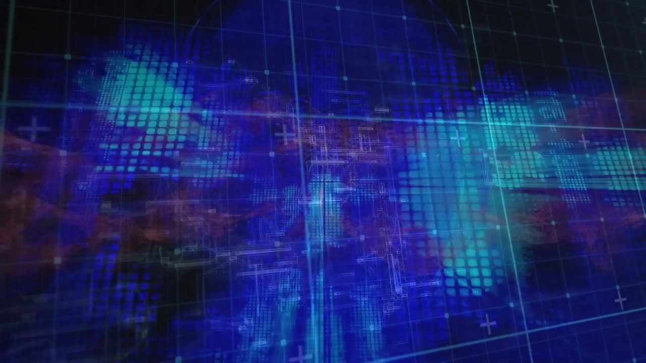 Animation of data processing and human head over grid
