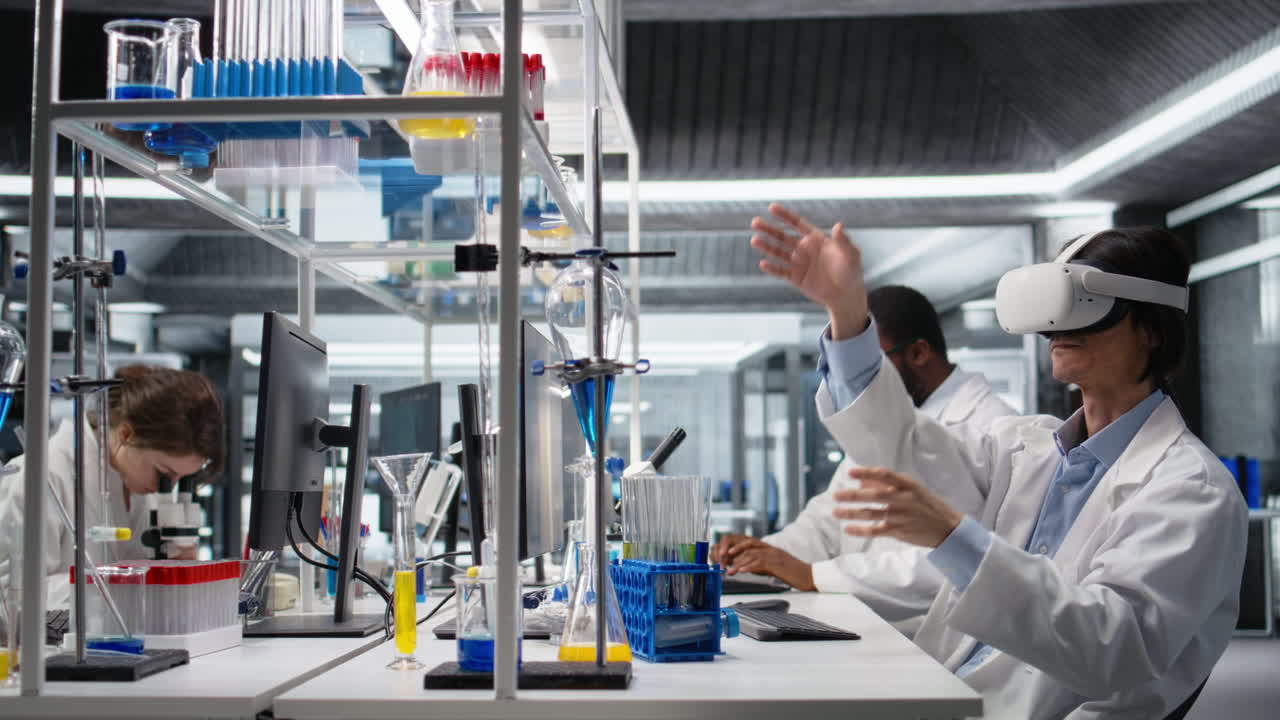 Vertical video Lab specialist wearing VR headset equipment using chemical fluids