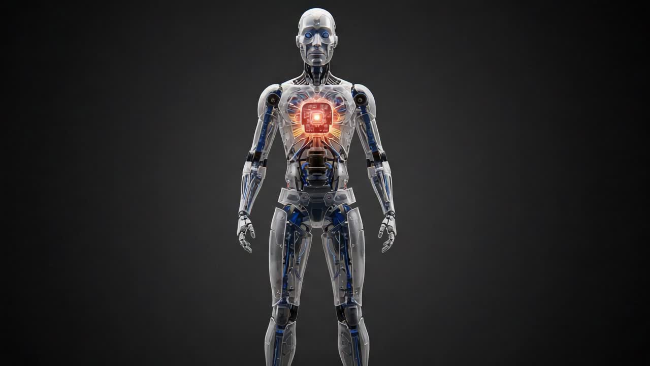 Futuristic humanoid robot with a glowing core, showcasing intricate mechanical design, symbolizing the blend of technology and humanity in a digital era