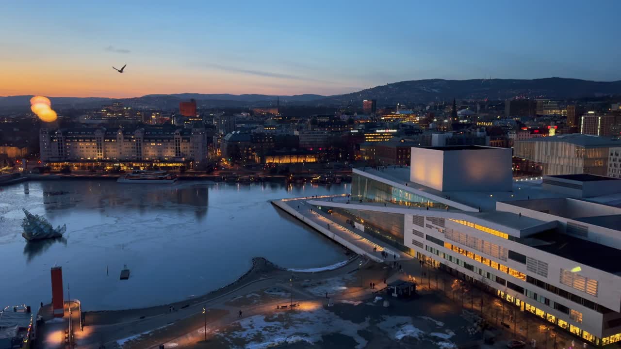 Munch Museum skybar rooftop view Oslo Opera House Norway Norge aerial drone Norwegian arctic vibrant golden hour sunset downtown cityscape Inner Oslo Fjord She Lies artwork frozen sea ocean bird fly