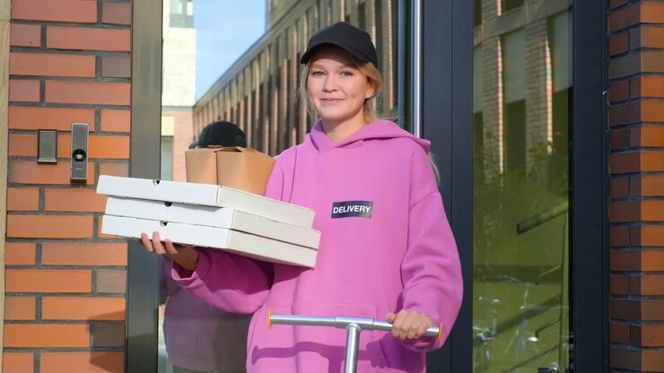 Giovane donna che tiene scatole di pizza all'ingresso dell'edificio.