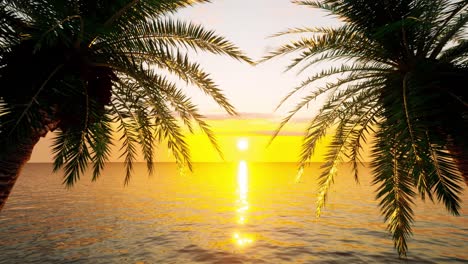 the sun setting over the ocean horizon as viewed between palm trees blowing in the gentle summer breeze, loop-able