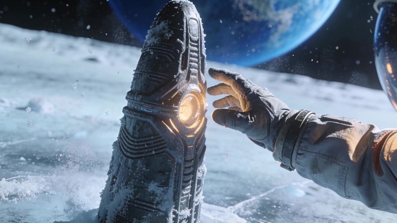 Eine greifende, behandschuhte Astronautenhand reagiert auf einen warmen, glühenden Kern, der sich einem geschnitzten Obelisken auf einer gefrorenen Ebene nähert.