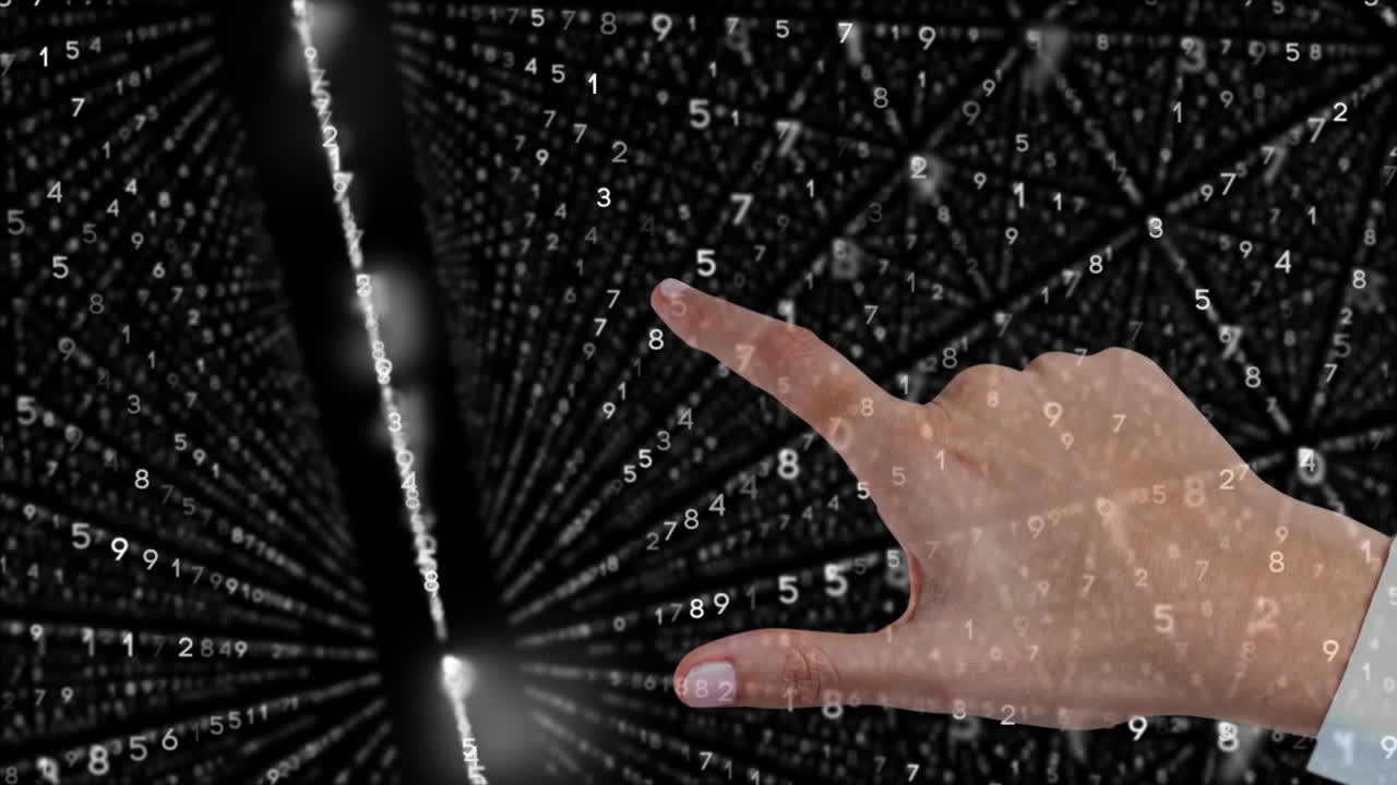 señalando con el dedo sobre la matriz digital de números y conexiones, concepto de procesamiento de datos