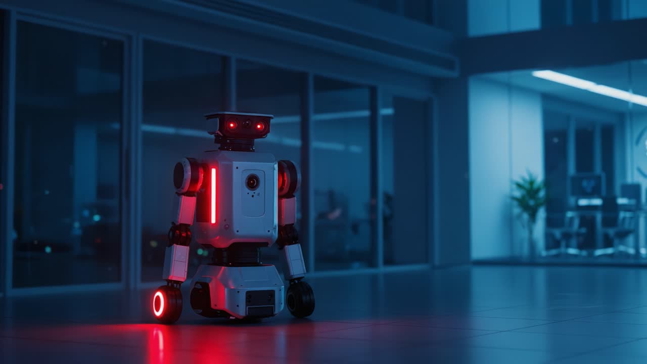 An advanced robotic companion stands in a dimly lit, modern office space, illuminated by striking red lights, showcasing futuristic design and technology