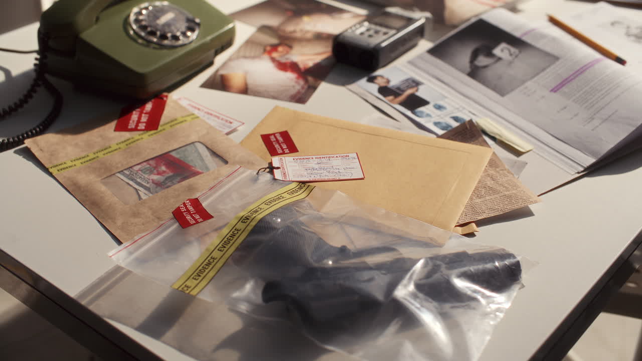 Evidence Items, Case Documents and Photos on Detectives Desk