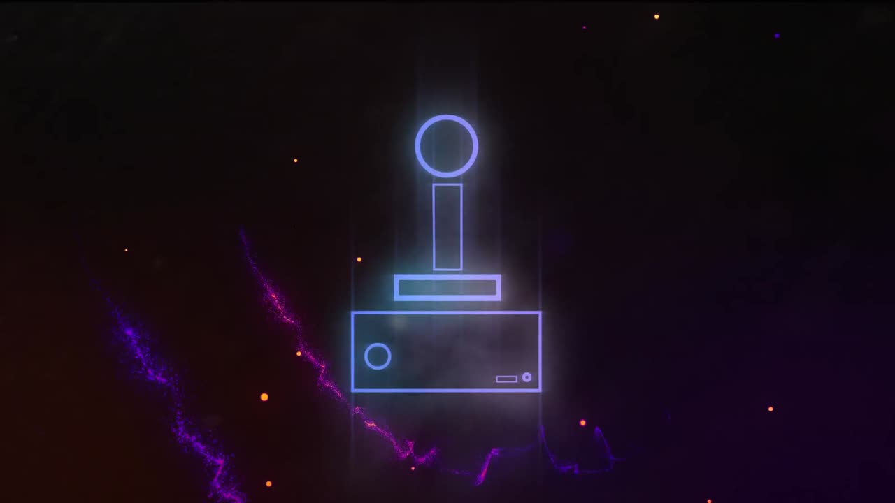 Animation of gaming joystick with colourful light trails, on black background