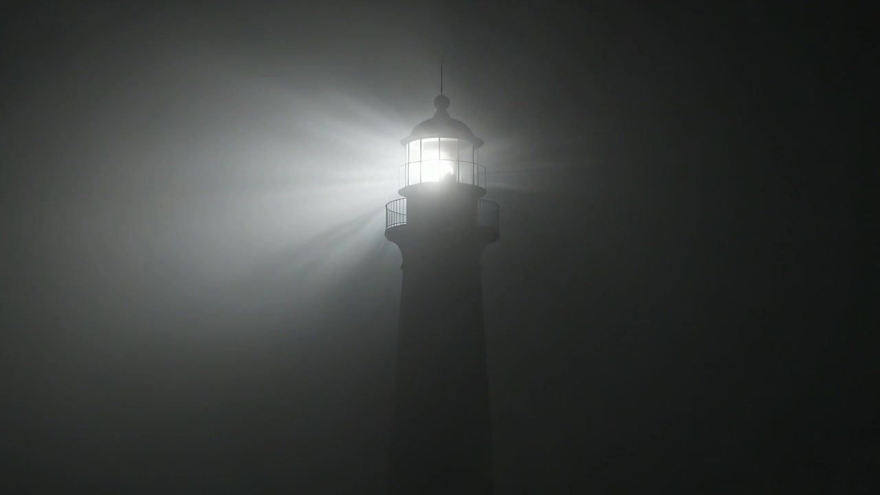Lanterna rotante di un faro azionata da motore che proietta un fascio di luce attraverso la notte nebbiosa, guidando le navi