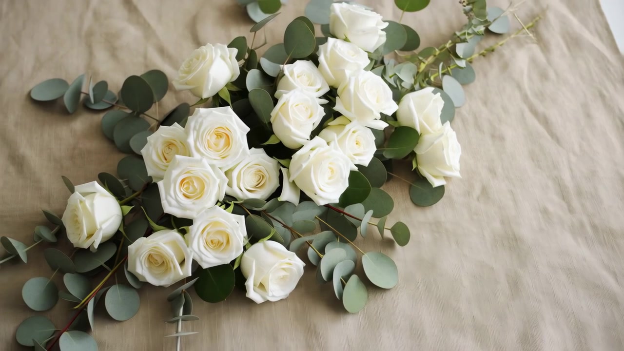 Arreglo floral de rosas blancas con hojas verdes, sobre una superficie texturizada neutra, con rosas blancas, hojas verdes, desde una perspectiva cenital, con acentos blancos y verdes.