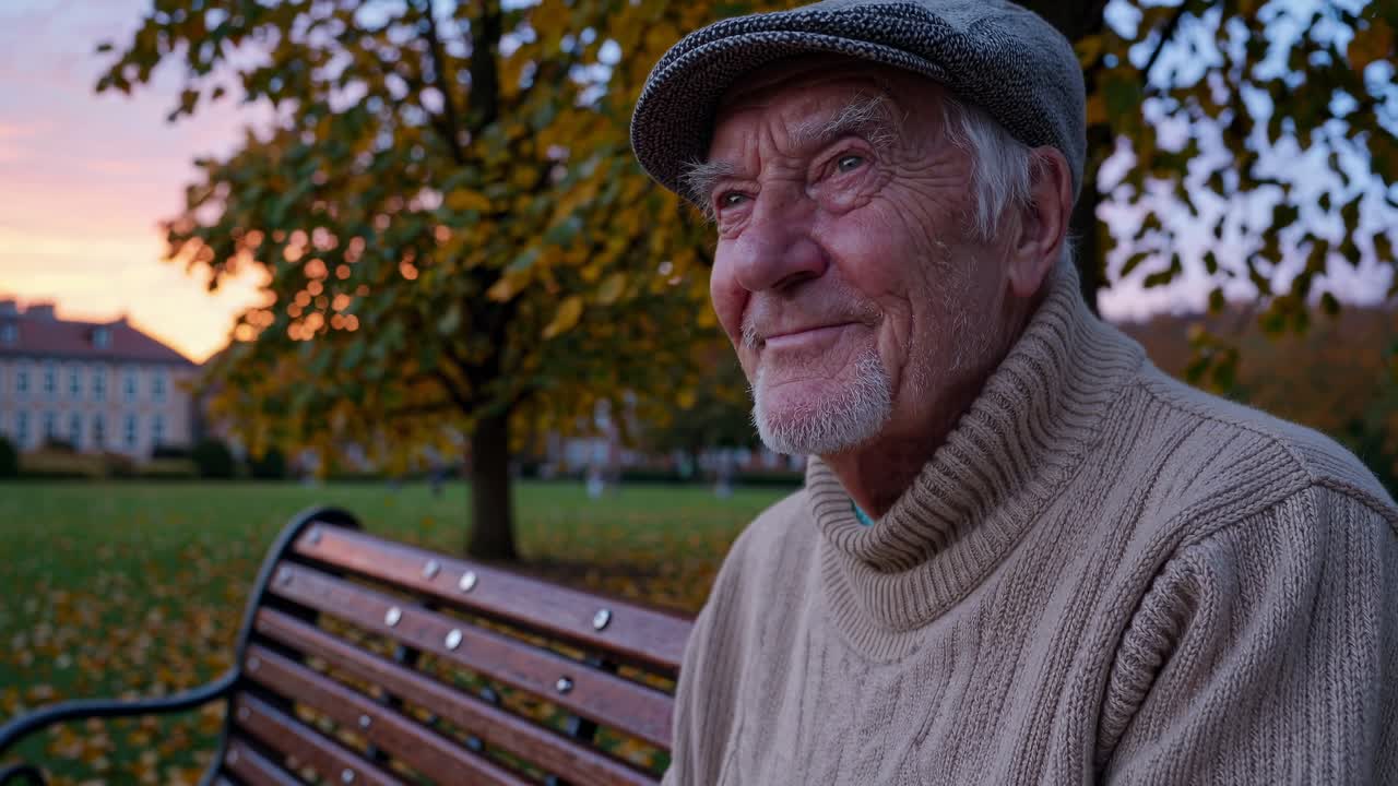Elderly man in a flat cap sits on a park bench at sunset, captured in a close-up angle