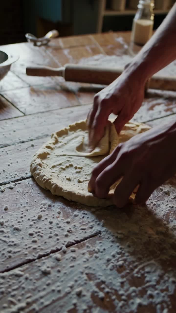 Close-up video shot of hands kneading dough on a rustic wooden table, capturing the texture