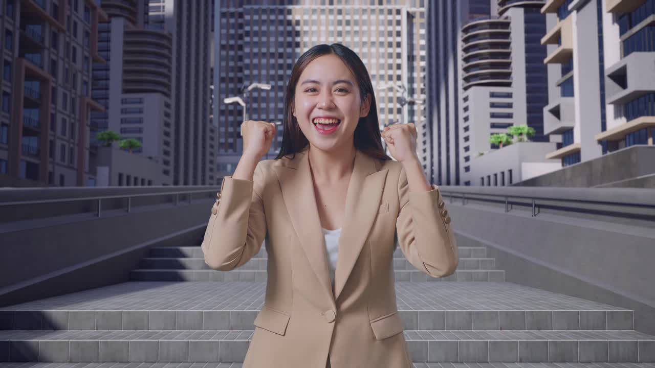 행복한 사업가 여성이 도시에서 성공을 축하하고 있습니다.