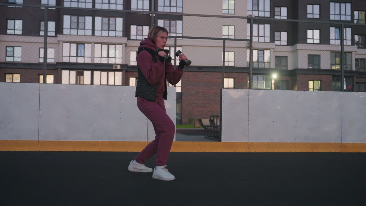 Gym goer working out with dumbbells in both hands on black asphalt court next to white barrier topped with chain link fence under urban high rise backdrop at dusk wearing maroon hoodie sneakers