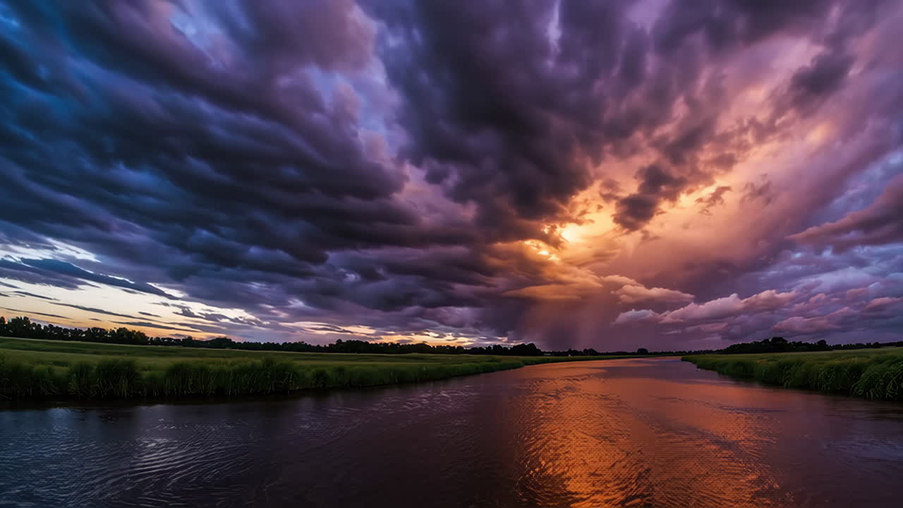 Dramatic Sunset Over a River with Storm Clouds